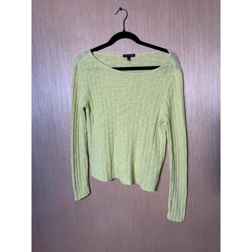 Eileen Fisher Womens Medium Lime Green Organic Linen Cotton Ribbed Knit Sweater